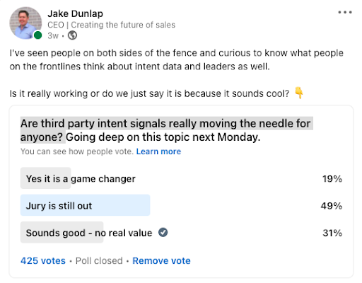 Jake Dunlap LinkedIn Poll Intent Data Moving the Needle?